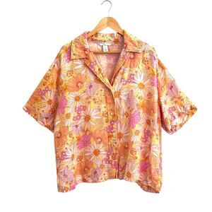 H&M Linen Blend Oversized Short Sleeve Button Down Shirt XL Daisy Poppy Floral